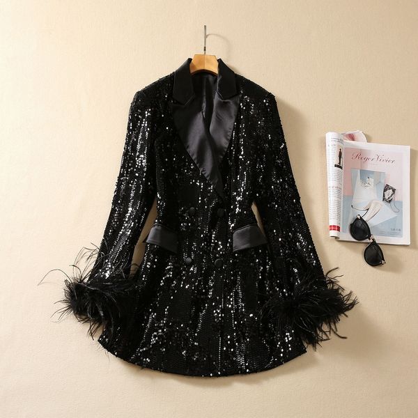 1012 2023 Autunno Milano Runway Cappotto Giacche Manica lunga Risvolto Collo Nero Paillettes Bottone di alta qualità Moda Abbigliamento donna sh