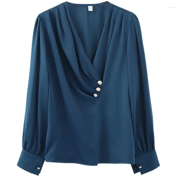 Kadın bluzları Fransızca zarif şık v yaka asimetrik asetat saten uzun kollu gömlek bahar ve sonbahar artı boyutu pilili vintage bluz