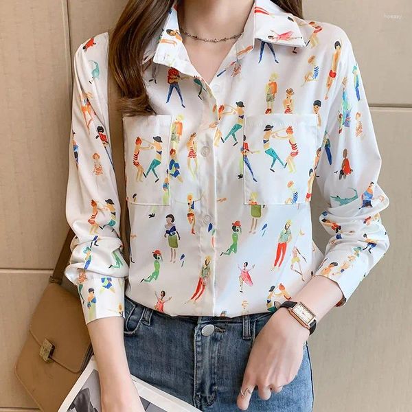Blusas femininas blusa feminina manga longa para mulheres estilo coreano personagens de desenhos animados imprimir casual blusa de escritório S-3XL camisas