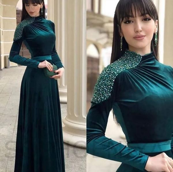 Verde escuro veludo noite vestido de baile dubai árabe manga longa frisado vestidos de festa à noite