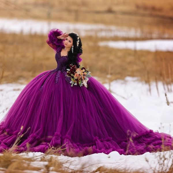 Luz roxo quinceanera vestidos de baile 2024 para doce 16 menina lantejoulas rendas contas até festa aniversário vestido baile vestidos de 15 anos