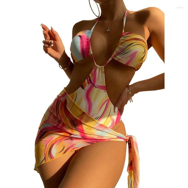 Damen-Bademode, bedruckt, mit Blumenmuster, einteilig, Monokini, sexy Tanga, hoher Schnitt, Damen-Bikini, Body, Neckholder-Badeanzüge mit Strand-Cover-Up-Rock