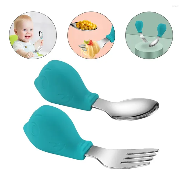 Conjuntos de louça de aço inoxidável colher garfo aprendizagem bebê alimentação talheres comer prática crianças ferramenta criança