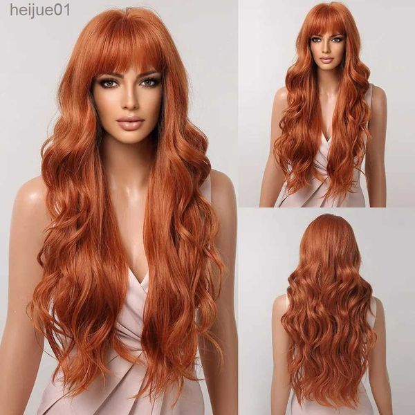 Синтетические парики Рыжие вьющиеся синтетические парики для женщин Длинные натуральные волнистые оранжевые парики с плоской челкой Красочный термостойкий парик для вечеринокL231024