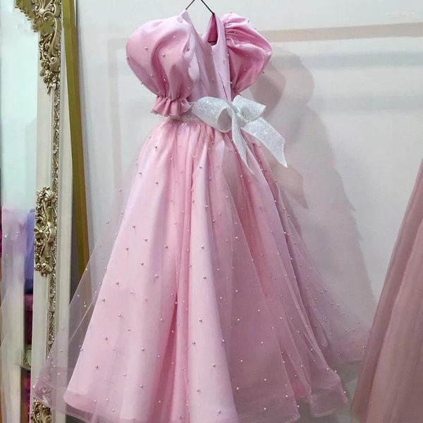 Vestidos de menina rosa cetim real pequena princesa vestido de festa de aniversário decoração de pérolas manga bufante vestido de natal tamanho 1-16t