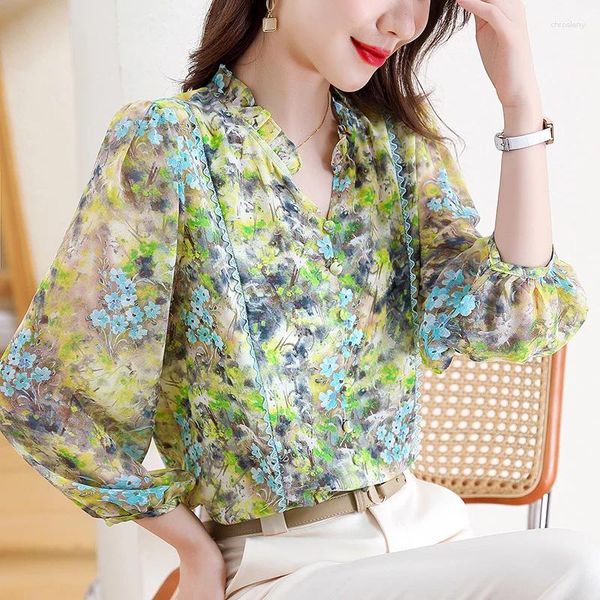 Blusas femininas 2023 verão moda manga de sete pontos blusa floral chiffon flor impressão solta casual manga longa camisa feminina t650