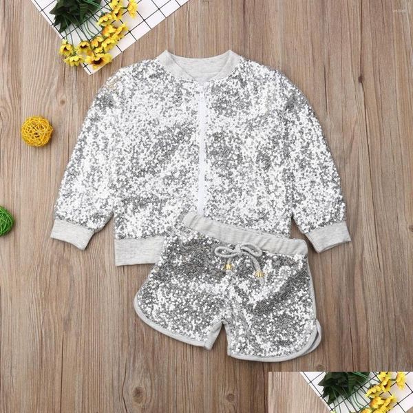 Conjuntos de roupas 1-6y crianças meninas outono roupas conjunto bebê bling lantejoulas manga longa jaqueta casaco tops shorts tracksuit crianças dro otzny