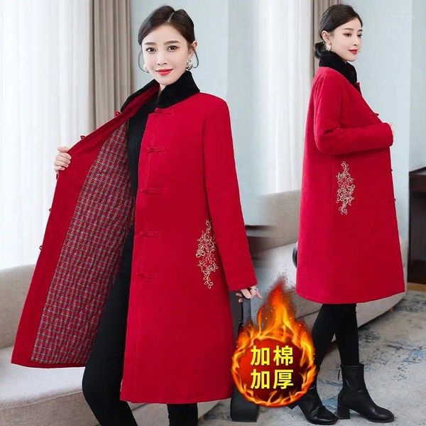 Trench da donna 2023 Inverno Cinese Rosso Ricamo della Madre Cappotto di Cotone Moda Retro Stand Coolar Giacca Trapuntata Monopetto T1