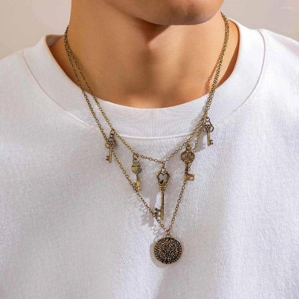 Colares Pingente KunJoe 2 Pçs / Set Vintage Metal Chave Bússola Colar Para Homens Punk Cross Link Chain Gargantilha Festa Jóias Namorado