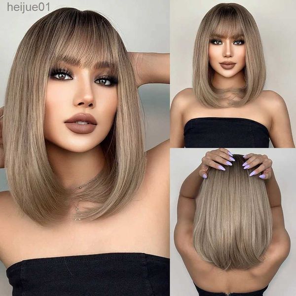 Perucas sintéticas curtas retas bob perucas com franja dourado marrom natural cabelo sintético para mulheres cosplay diário fibra resistente ao calor l231024