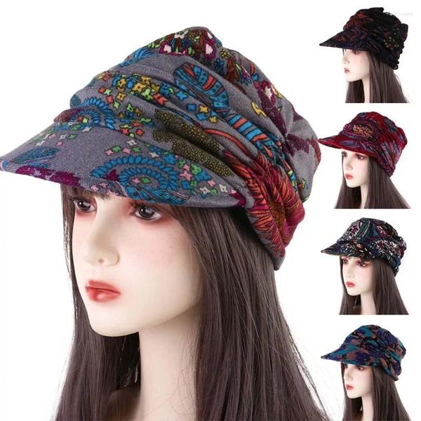 Cappello con visiera Cappello coreano con stampa floreale Mamma a tesa corta in cotone pieghevole con paraorecchie Berretto con visiera da baseball da donna in stile etnico