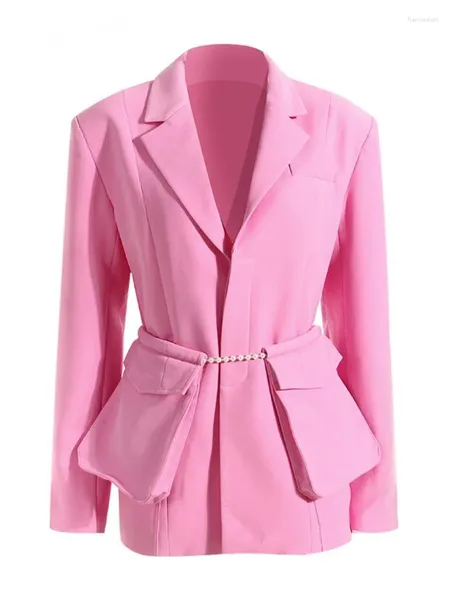 Женские костюмы, модный пиджак с жемчужной цепочкой, большой карман, украшение, тонкий потайной бордовый пиджак, лето 2023, Tide C354