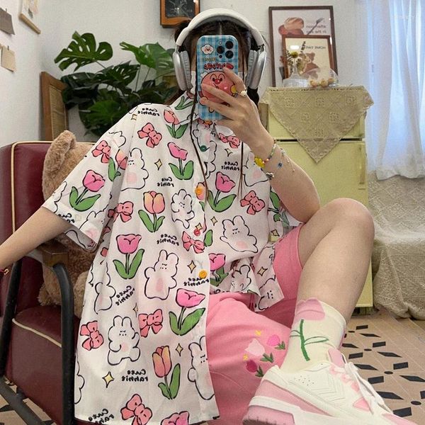 Camicette da donna fatte in casa Cute Cartoon Girl Tulip Butterfly Stampa Mezza manica Top Camicie corte estive