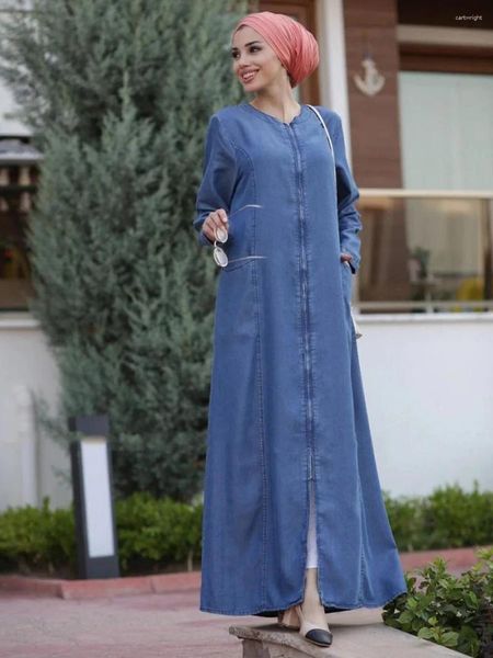 Этническая одежда, турецкое мусульманское синее джинсовое платье, женское кардиган на молнии с карманом и открытой строчкой, Абая джилбаб, исламское платье, марокканский кафтан