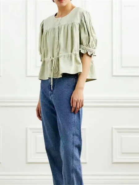 Kadın bluzları Kadın Düz Renkli kadife Bel Pamuk Gömlek İlkbahar Yaz 2023 Lady Vintage Tatlı Sevimli O boyun çizgisi kırpılmış bluz