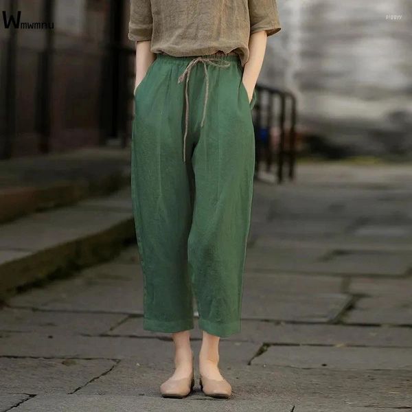 Frauen Hosen Sommer Lose Knöchel Pantalon Koreanische Mode Kordelzug Frauen Baumwolle Leinen Patchwork Elastische Hohe Taille Gerade Hosen