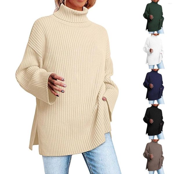 Suéteres femininos suéter de gola alta grande na moda pulôver de malha com nervuras túnica feminina shorts de manga 3/4