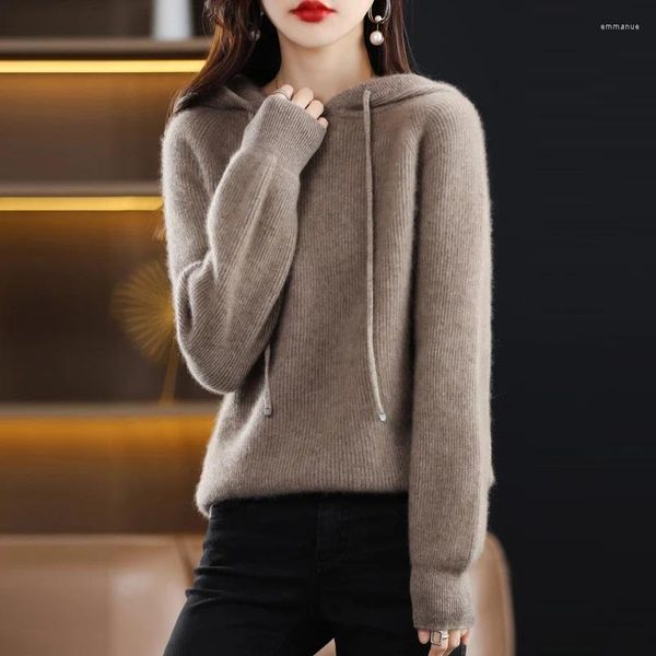 Suéter feminino de lã pura caxemira suéter com capuz gola cor sólida pulôver moda quente malha casual base casaco top