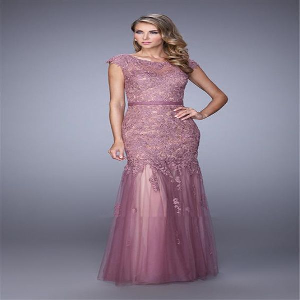 Sem mangas mãe da noiva vestidos o pescoço roxo rendas apliques até o chão vestido de festa de casamento sereia vestido de noite feminino