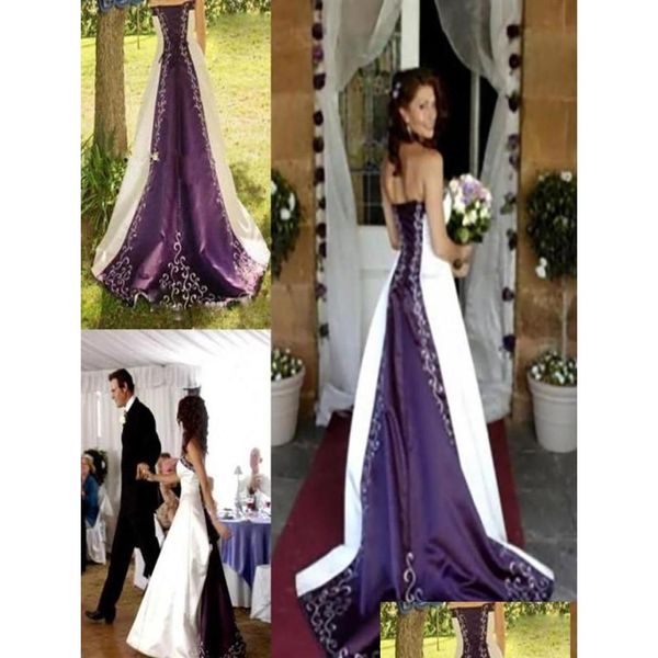 A linha de vestidos de casamento uma linha impressionante branco e roxo vestidos de casamento delicado bordado país rústico nupcial vestidos extravagantes gótico otn7q