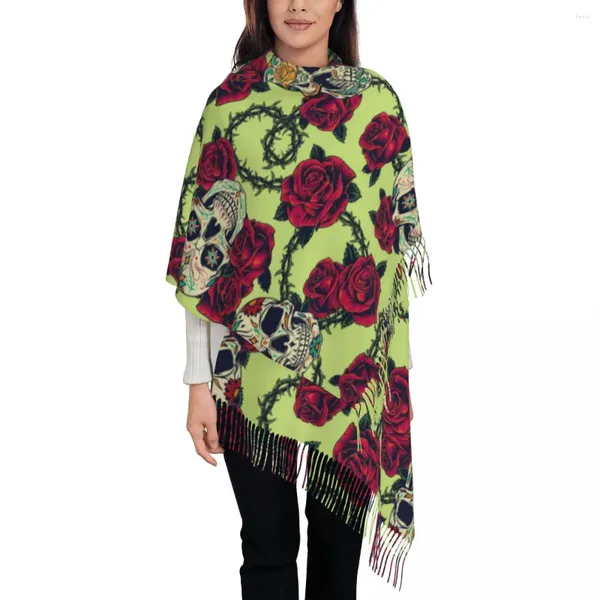 Écharpes Floral Skull Roses Écharpe Pour Femmes Automne Hiver Cachemire Châles Et Wrap Rétro Long Châle Quotidien Porter