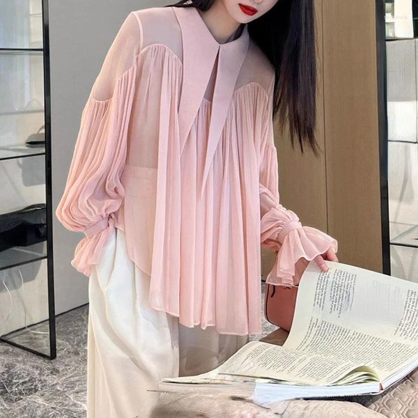 Blusas femininas TEROKINIZO Chiffon Blusa Mulheres Manga Longa Lapela Tops Cor Sólida Um pouco Ver Através de Camisas Elegantes Femininas Camisas Mujer