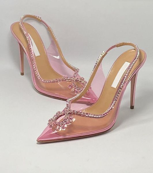 2023 Tacchi donna di lusso Aquazzura Sandali seduzione Décolleté in pelle impreziositi da cristalli Rifiniture in PVC rosa Décolleté Abito da sposa Matrimonio Lady sling back Tacchi alti 35-43