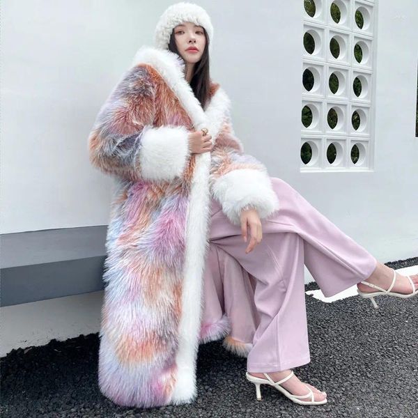 Cappotto da donna in pelliccia sintetica colore sogno ambientale lungo sciolto stile cinese invernale caldo mantello con cappuccio giacca soprabito