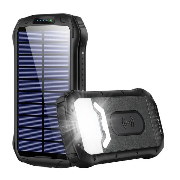 Wasserdichte 20000 mAh Dual USB + Typ-C Ausgang Solar Power Bank 18-LED Camping Licht Telefon Ladegerät Externe Batterie - Schwarz