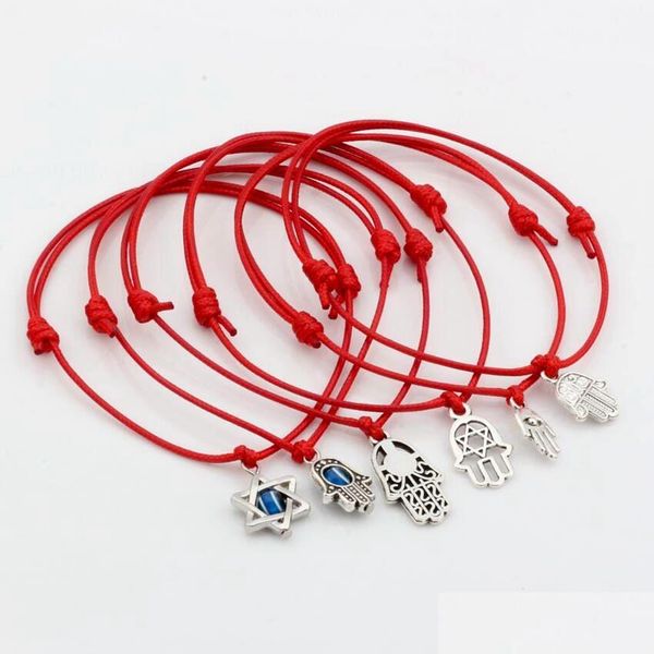 Charms 50 Stück gemischte Kabh Hamsa Hand Davidstern Charms rote Farbe Wachsseil verstellbare Armbänder Schmuck Schmuckzubehör Komponenten Dhwol