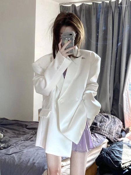 Ternos femininos branco jaqueta curta para mulher - 2023 primavera estilo coreano vintage cor sólida terno solto ajuste blazer manga longa ocidental