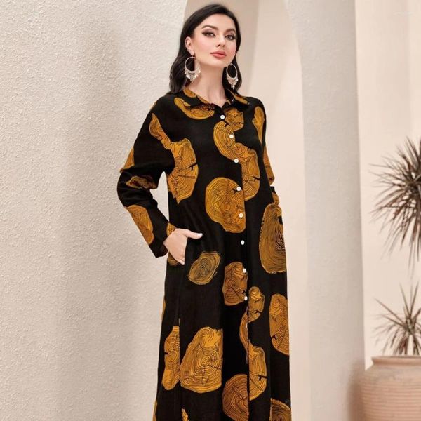 Roupas étnicas Oriente Médio Vestido Muçulmano Mulheres Robes Algodão Linho Impresso Manga Comprida Solta Camisa Casual Abaya