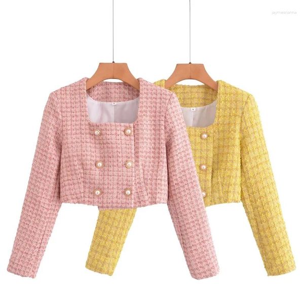 Jaquetas femininas SLTNX Mulheres Jaqueta Curta Casacos Feminino Colarinho Quadrado Chic Double-breasted Outerwear Senhoras Casaco de Manga Longa