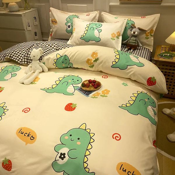 Conjuntos de cama Bonito Dinossauro Impressão Queen Size Set King Daisy Impresso Capa de Edredão com Lençóis Planas Aconchegante Conjuntos Duráveis 231025