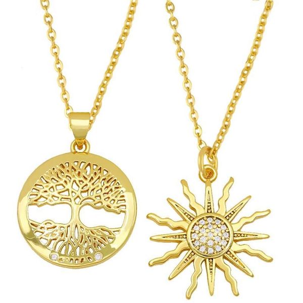 Goldkette Sonne Halskette für Frauen Scheibe poliert Stammbaum des Lebens Anhänger CZ Zirkonia Schmuck Geschenk Nket20 Necklaces260u