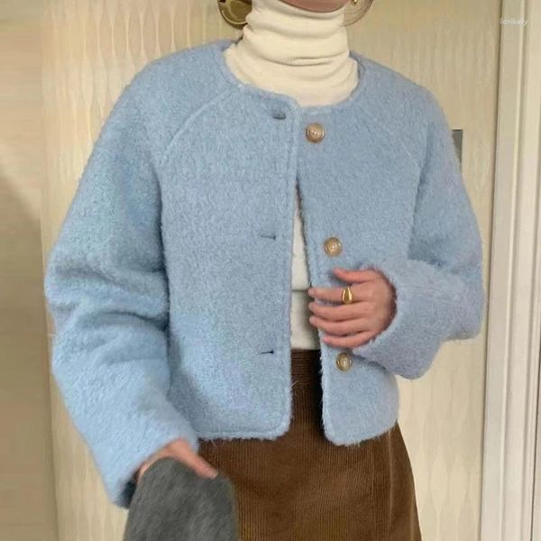 Giacche da donna Clothland Donna Cute Baby Blue Bianco Giacca in tweed Manica lunga O Collo Capispalla casual Moda Cappotto femminile CA913