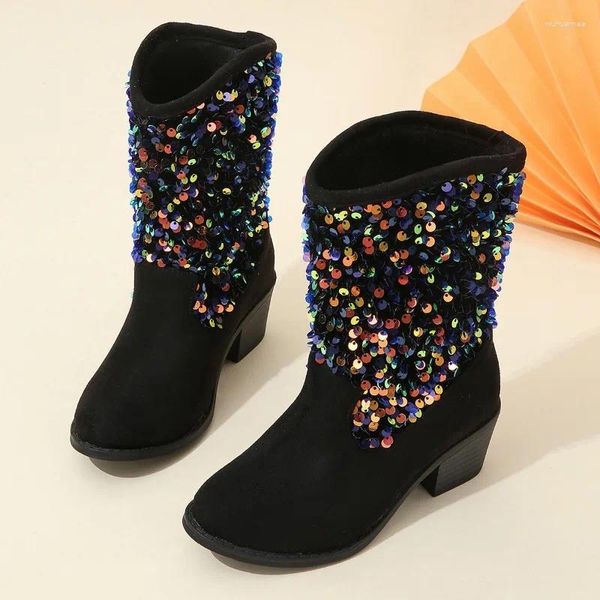 Botas lantejoulas crianças moda meninas desempenho mary janes para festa de casamento mostra pu deslizamento casual gota 2023