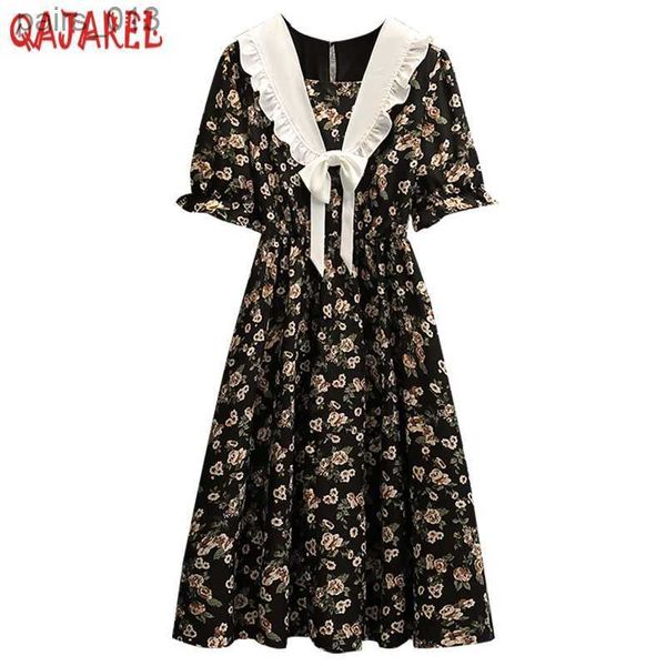 Abiti casual di base Donna Chiffon floreale nero con fiocco increspato colletto della bambola Abito longuette 2023 Coreano Vintage Summe Elegante aderente Party YQ231025