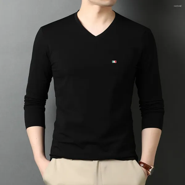 Männer T Shirts Top Qualität 95% Baumwolle 5% Spandex V-ausschnitt Langarm Shirt Männer Schwarz Casual Kleidung 2023