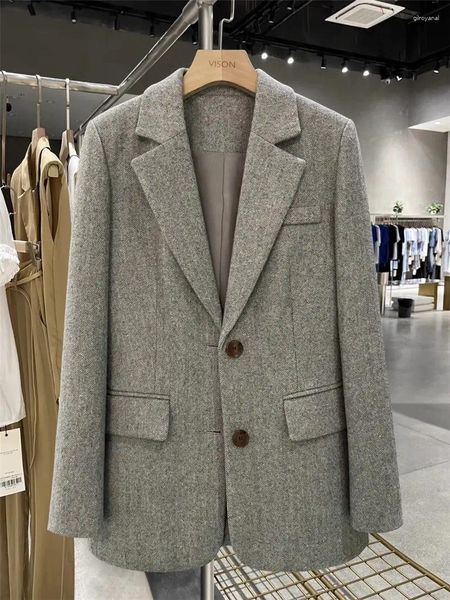 Damenanzüge Graues Fischgrätmuster Wollanzugjacke für Frauen 2023 Herbst und Winter koreanischer Blazer trendiger gerader Mantel C102