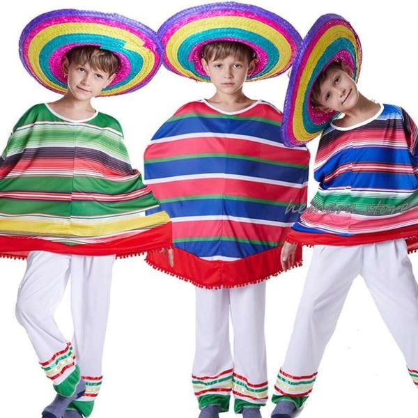 Cosplay Halloween costumi etnici messicani costume cosplay bambini mantello a righe scialle cappello di paglia bambini ragazzi ragazza vestito da ballo in maschera