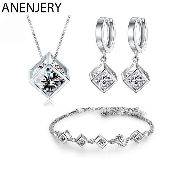 Conjunto de joias de prata esterlina 925 com 5 estilos, zircão, cubo quadrado, colar, brincos, pulseira para mulheres, presente219l