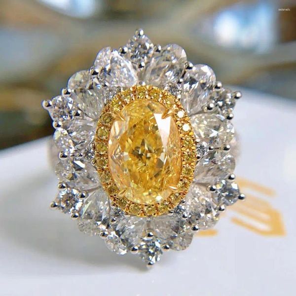 Anelli a grappolo HOYON Anello con gemma da donna con fiore di lusso Anello grande con diamante giallo in cristallo intarsiato con diamanti Colorati in argento 925