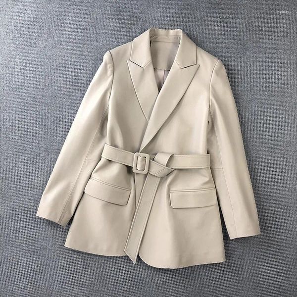 Abito da donna in pelle di agnello in pelle Designer Vera Moda Vera giacca Cappotto stile coreano di media lunghezza Cintura nera / beige grigia Veste Cuir Femme