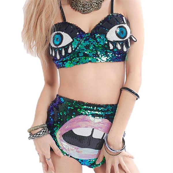 Nightclub Olhos Grandes Lábios Cosplay Lantejoulas Mulheres Bras Define Roupa Interior Especial Maiô Terno DS Natal Presentes de Halloween para Women3256