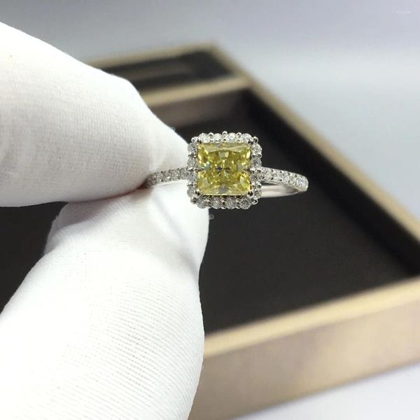 Cluster-Ringe, GRA-zertifiziert, solide 18 Karat Farbe, quadratisch, 1 Karat gelber Moissanit-Edelstein für Frauen, feine Geschenke