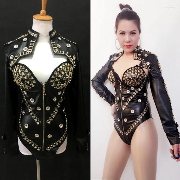 Bühnenkleidung Frauen Sänger Kostüm Schwarz Leder Body Metall Schmuck Nachtclub DJ Gogo Kleidung Erwachsene Sexy Club Outfit VDB2455