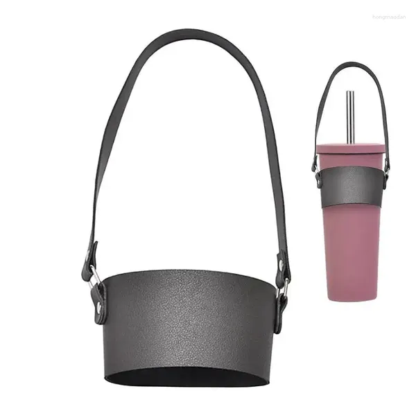 Sacos de armazenamento de couro copo manga café sling transportadora bolsa multifuncional caneca de chá lidar com faixa de bebida faixa de ombro ajustável