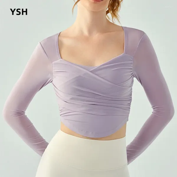 Aktive Shirts YUSHUHUA Mesh Kreuz Sport Tops Frauen Hohl Zurück Fitness Gym Langarm Yoga Crop Top Weibliche Enge Lauf Workout