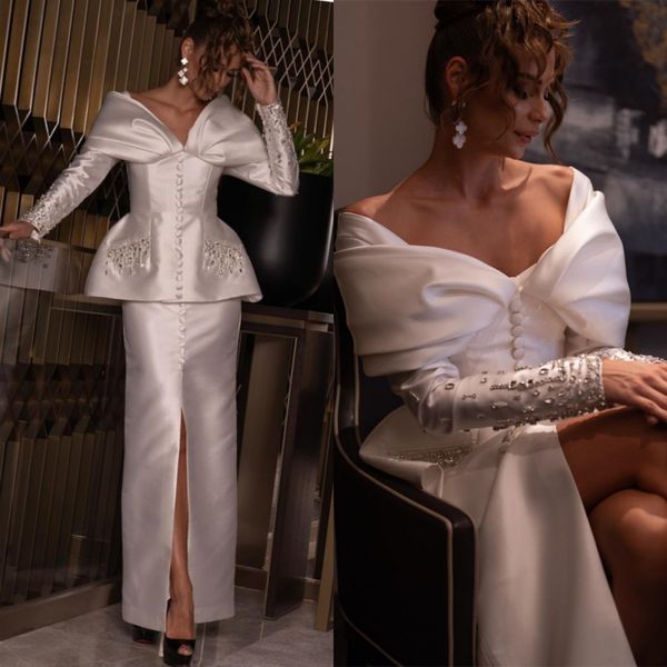 Weiße gerade Abendkleider mit V-Ausschnitt, langen Ärmeln und Kristallen, formelles Partykleid, Vorderschlitz, bodenlanges Ballkleid 326 326